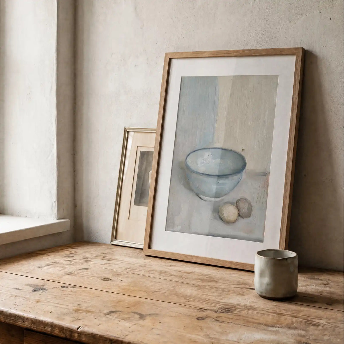 Bowl, No. 1 – still life art print in muted grey blue and bone white on traditional rustic sideboard
