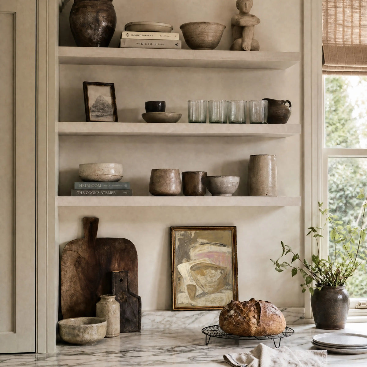 Bowl, No. 2 – abstract still life art print in dusty pink and beige in traditional kitchen