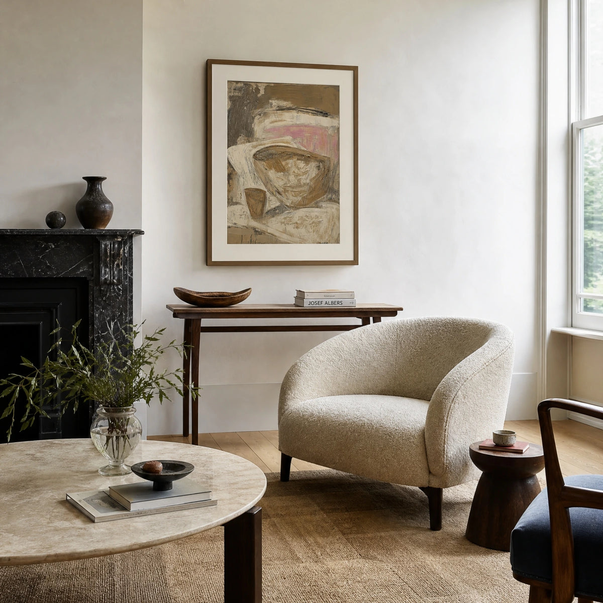 Bowl, No. 2 – abstract still life art print in dusty pink and beige in contemporary living room