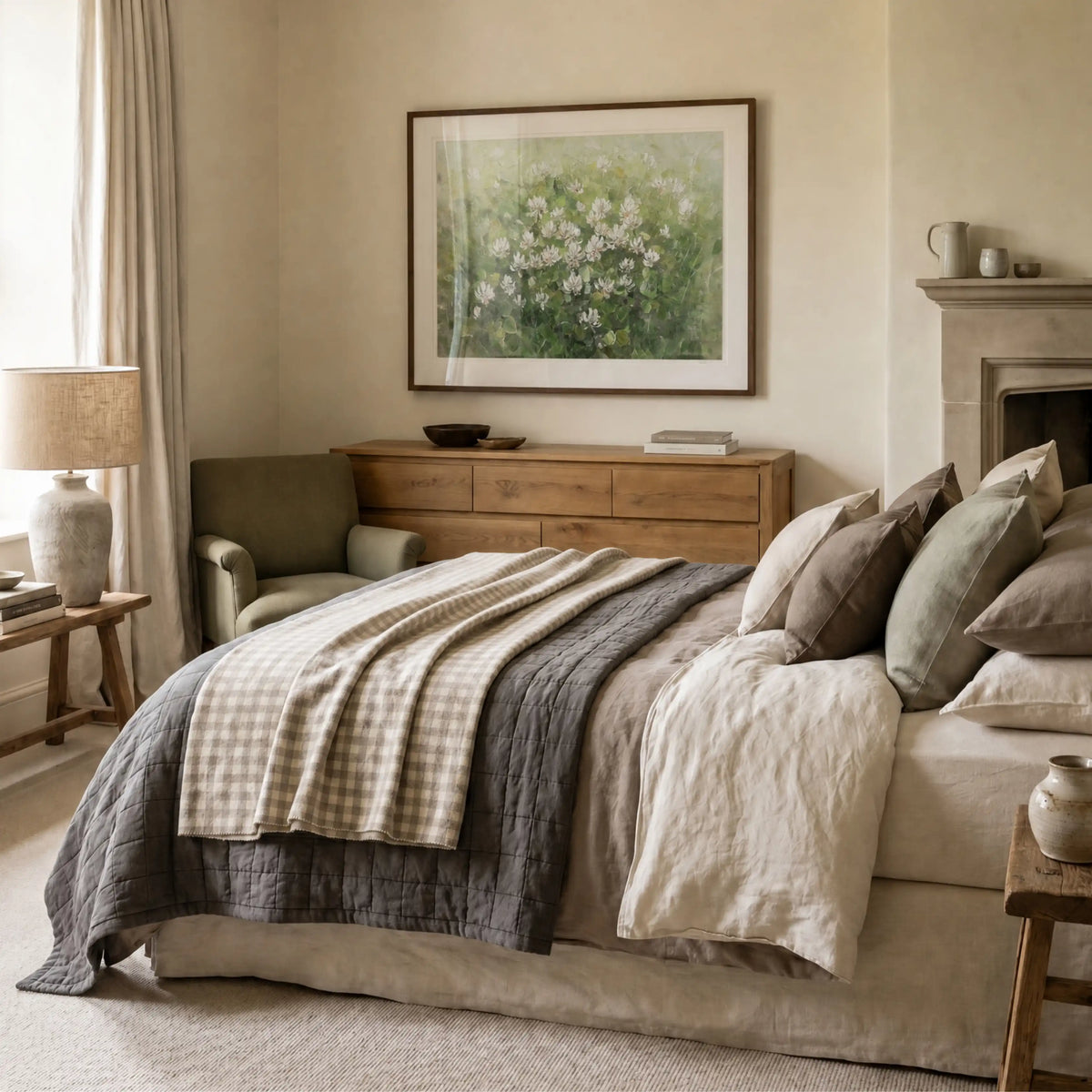 Clover, No. 1 – floral art print in white and green in neutral bedroom