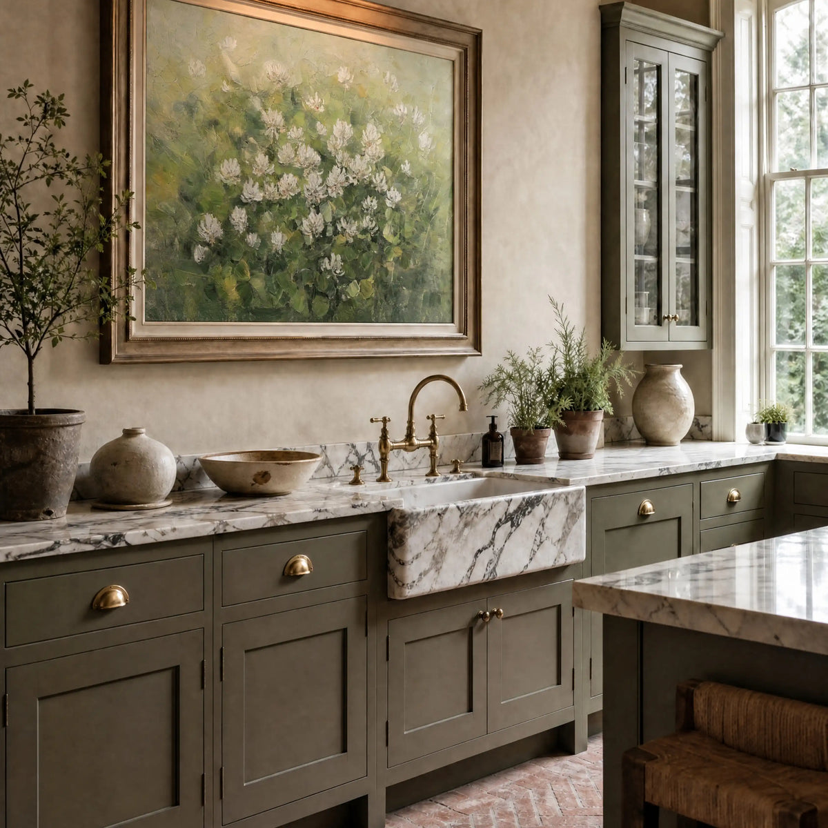 Floral art print displayed in a traditional kitchen