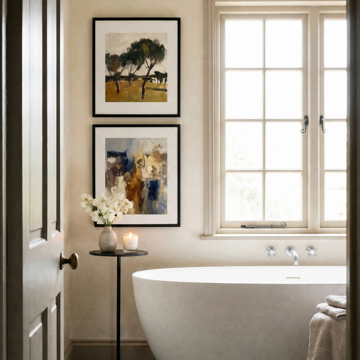 Composition: Bone, No. 1 – abstract art print in grey and ochre in bathroom with Cypress tree landscape art print