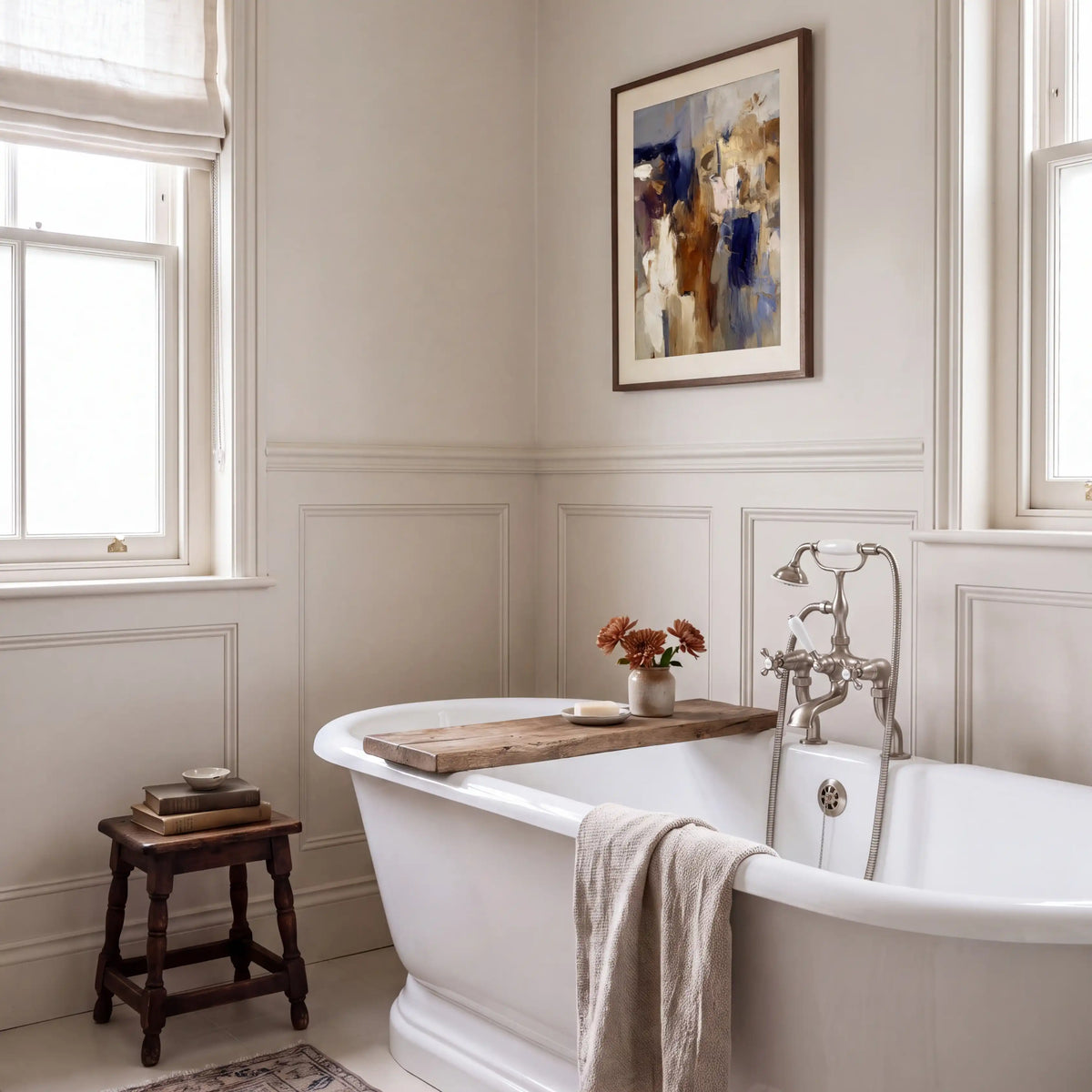 Composition: Bone, No. 1 – abstract art print in grey and ochre in bathroom