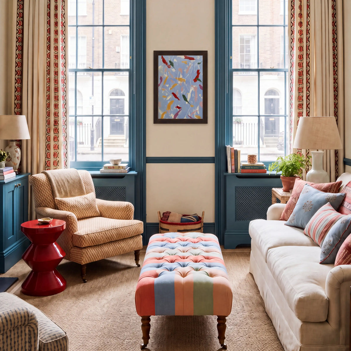 Composition: Cerulean, No. 1 – abstract art print in red and blue in living room