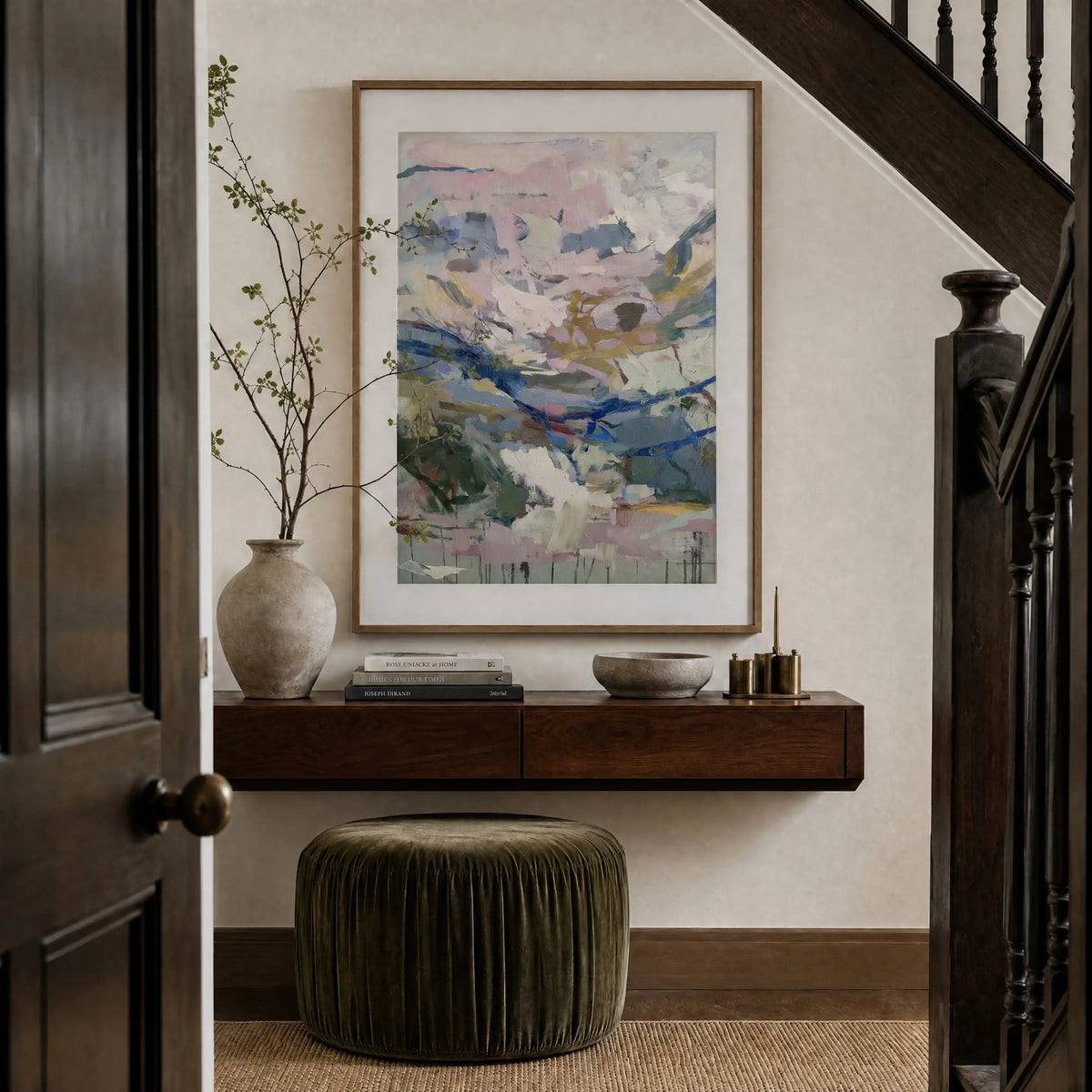 Composition: Chalk, No. 1 – abstract art print in blue and linen in hallway