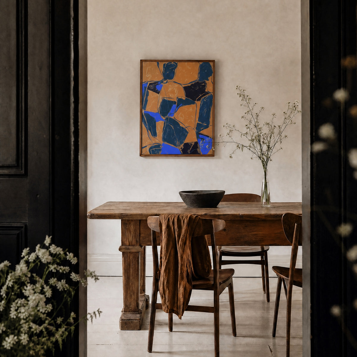 Composition: Cobalt, No. 1 – abstract art print in navy and ochre in dining room