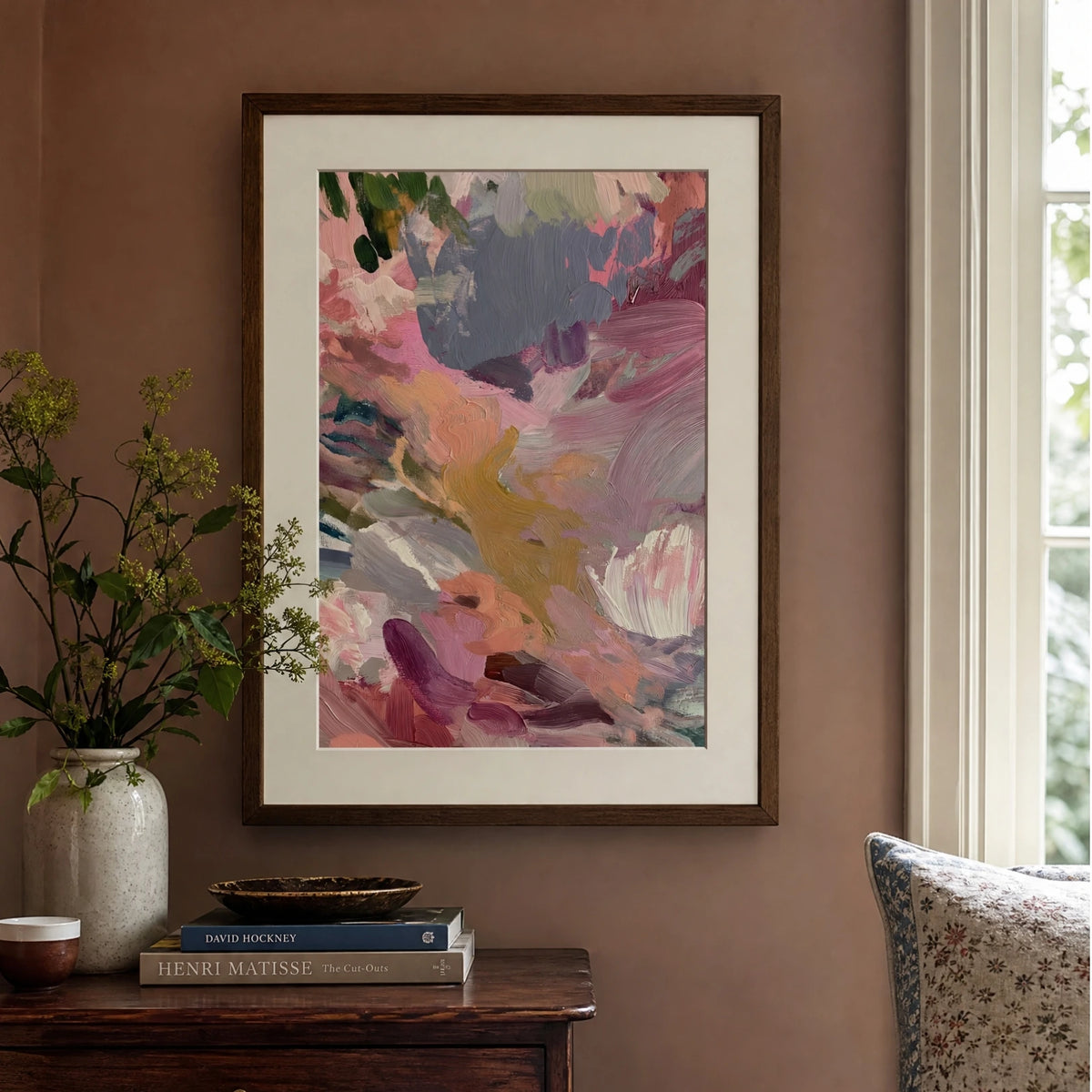 Composition: Heather, No. 1 – abstract art print in pink and dusty blue in bedroom