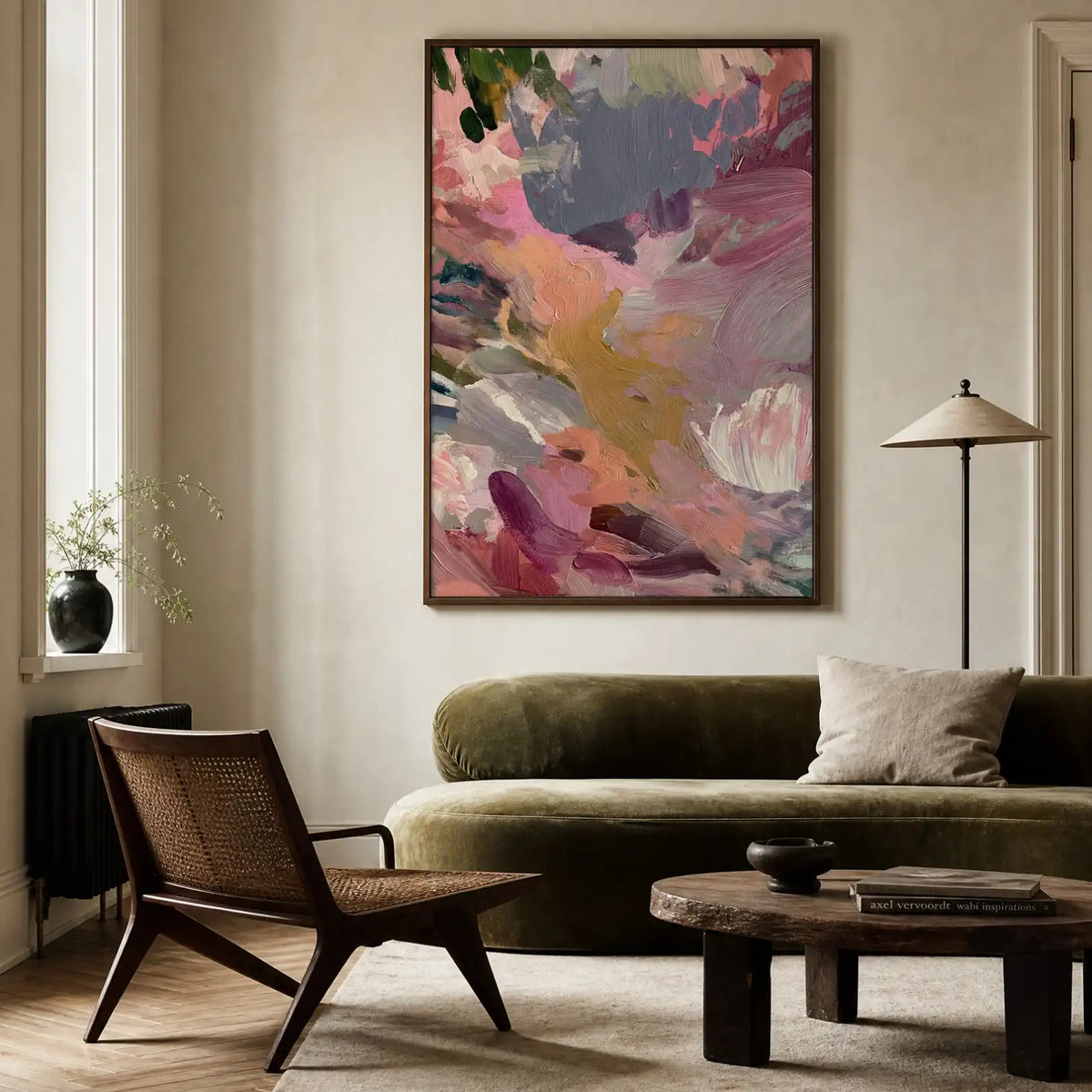 Composition: Heather, No. 1 – abstract art print in pink and dusty blue in living room