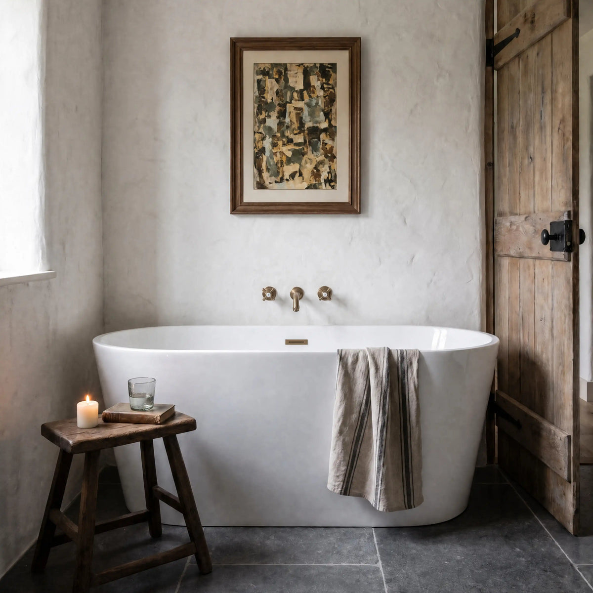 Composition: Limestone, No. 1 – abstract art print in olive green and beige in bathroom