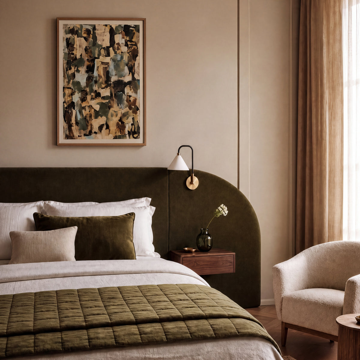 Composition: Limestone, No. 1 – abstract art print in olive green and beige in bedroom
