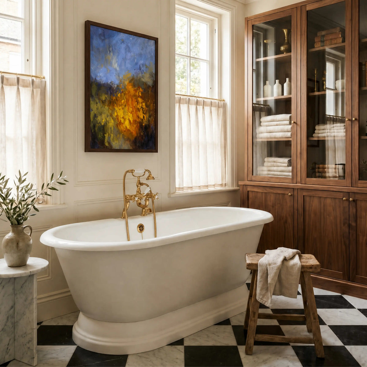 Composition: Ochre, No. 1 – abstract art print in blue and russet in traditional bathroom