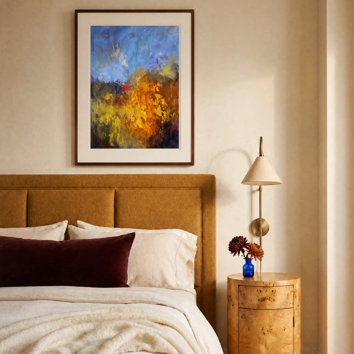 Composition: Ochre, No. 1 – abstract art print in blue and russet in bedroom