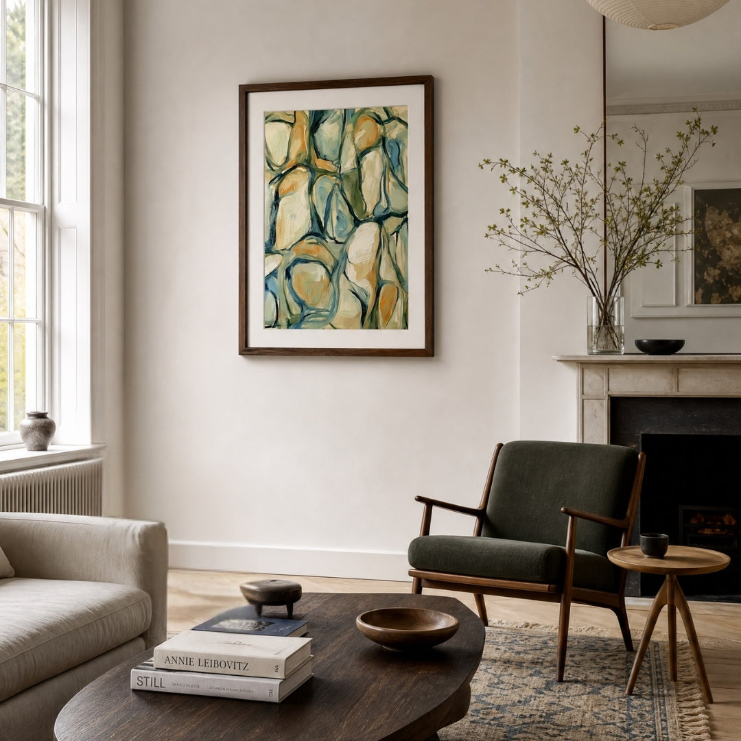 Abstract art print displayed in a neutral contemporary living room