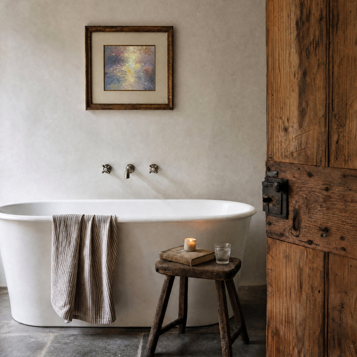 Composition: Pearl, No. 1 – abstract art print in beige and purple in bathroom above freestanding bath