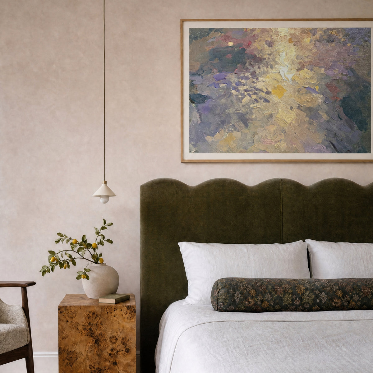 Composition: Pearl, No. 1 – abstract art print in beige and purple in a styled bedroom scene, with a dark green velvet headboard, white bedding, and a decorative floral pillow.