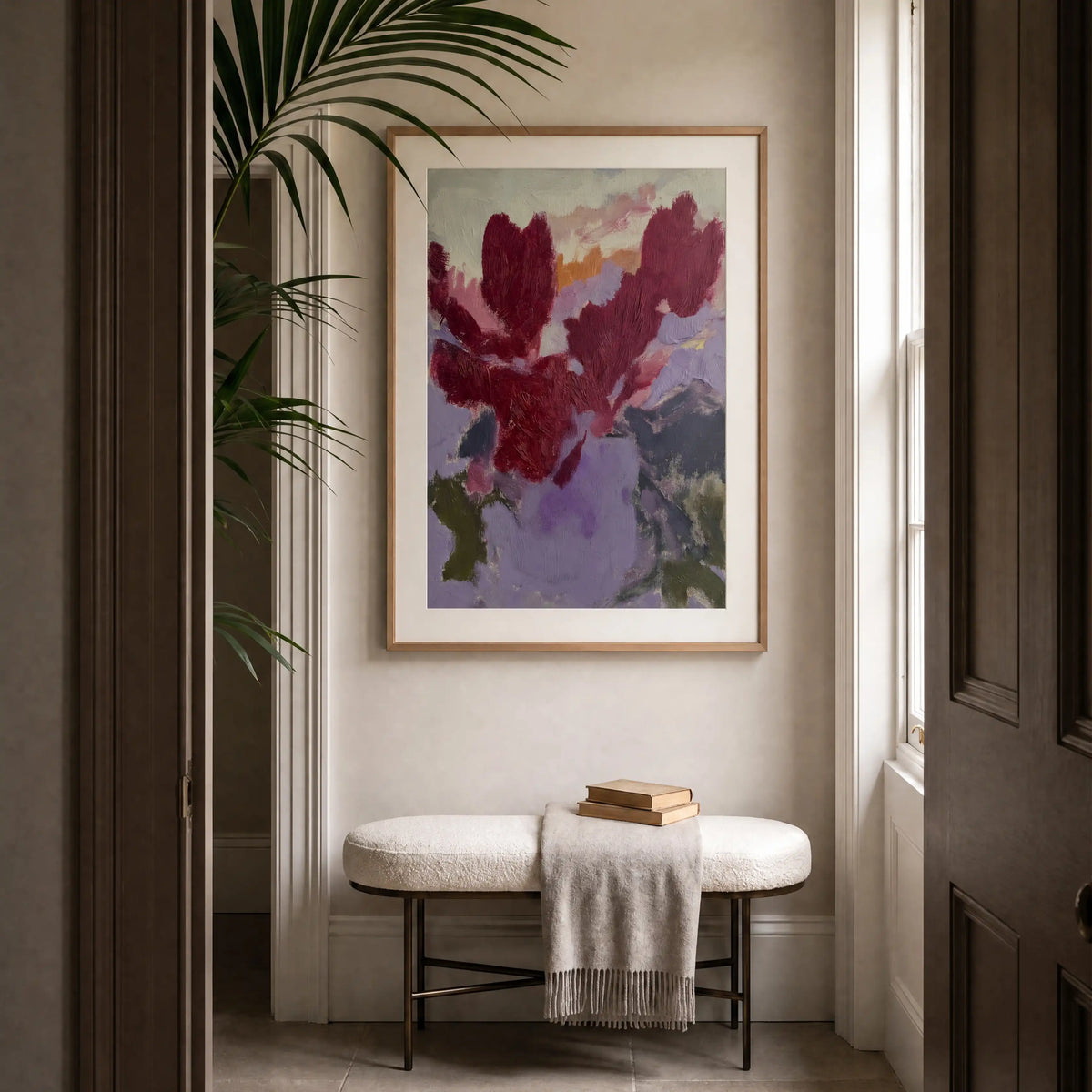 Composition: Plum, No. 1 – abstract art print in dusty pink and olive green in hallway