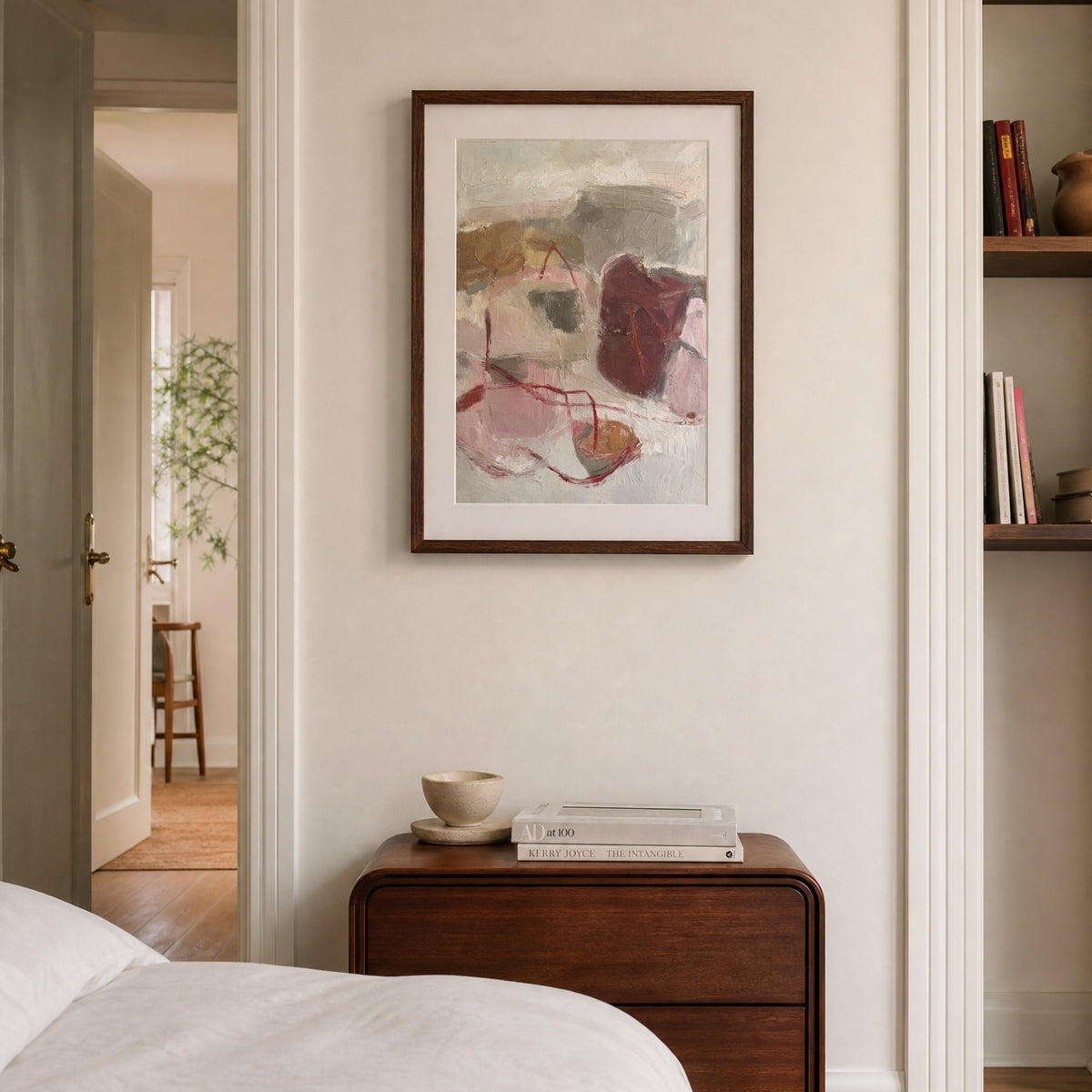 Composition: Putty, No. 1 – abstract art print in grey and beige in contemporary bedroom