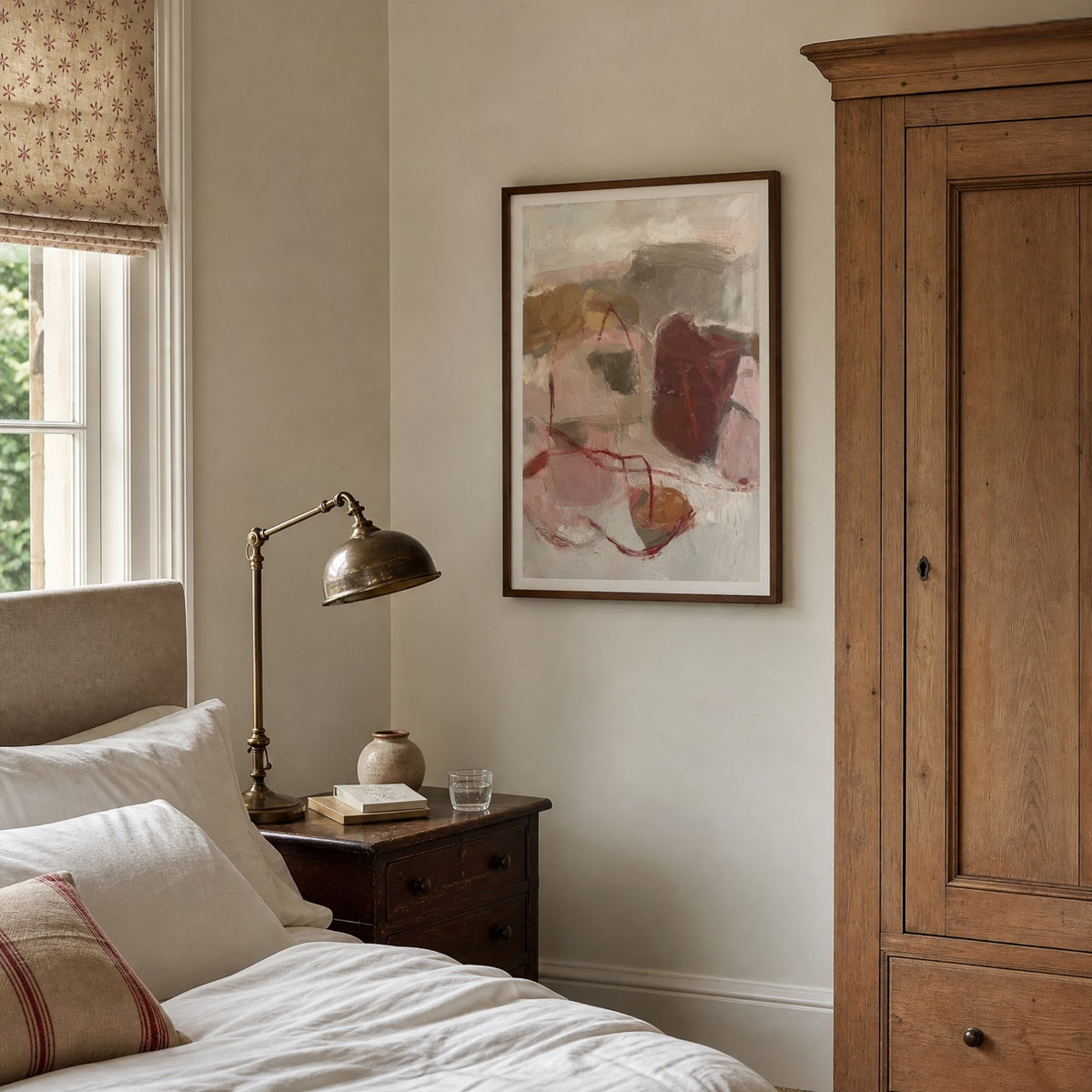 Composition: Putty, No. 1 – abstract art print in grey and beige in traditional bedroom
