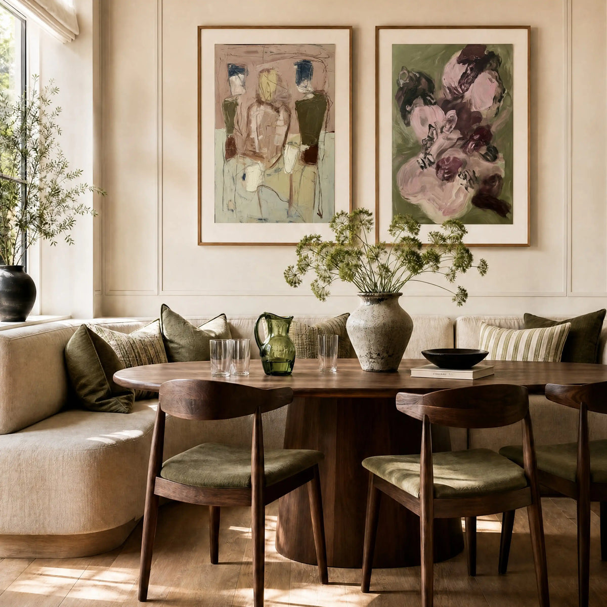 Composition: Rose, No. 1 – abstract art print in dusty pink and beige in dining room