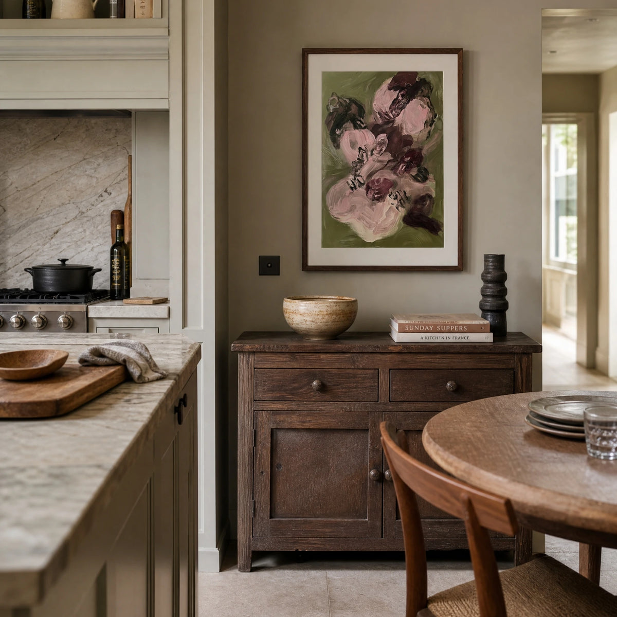 Composition: Rose, No. 1 – abstract art print in dusty pink and beige in traditional kitchen