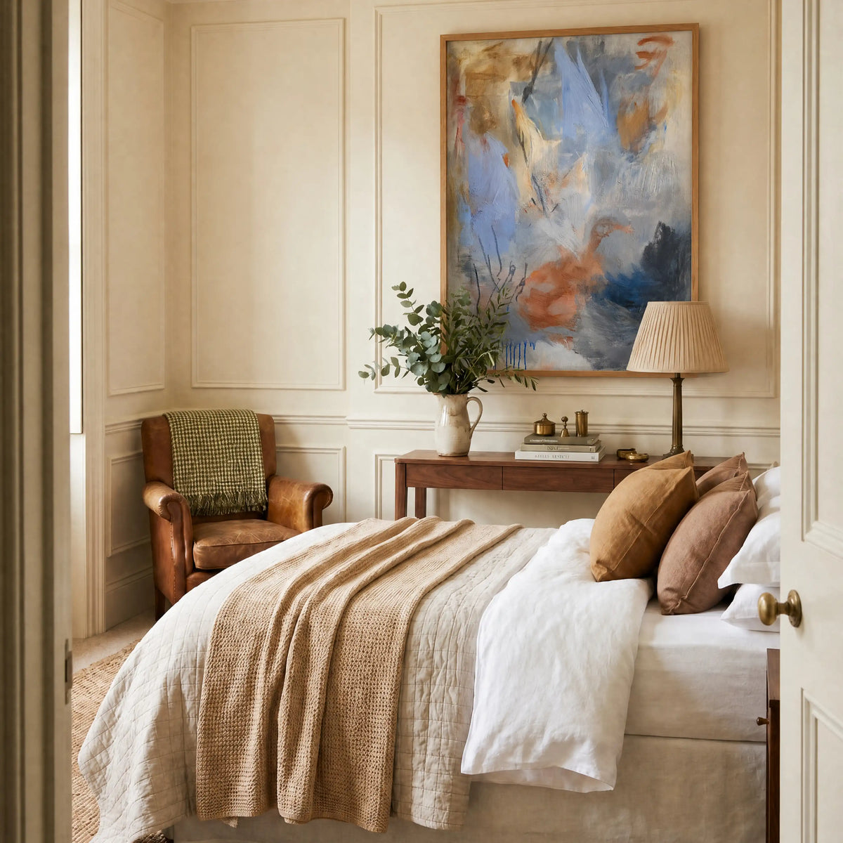 Composition: Slate, No. 1 – abstract art print in blue and russet in bedroom
