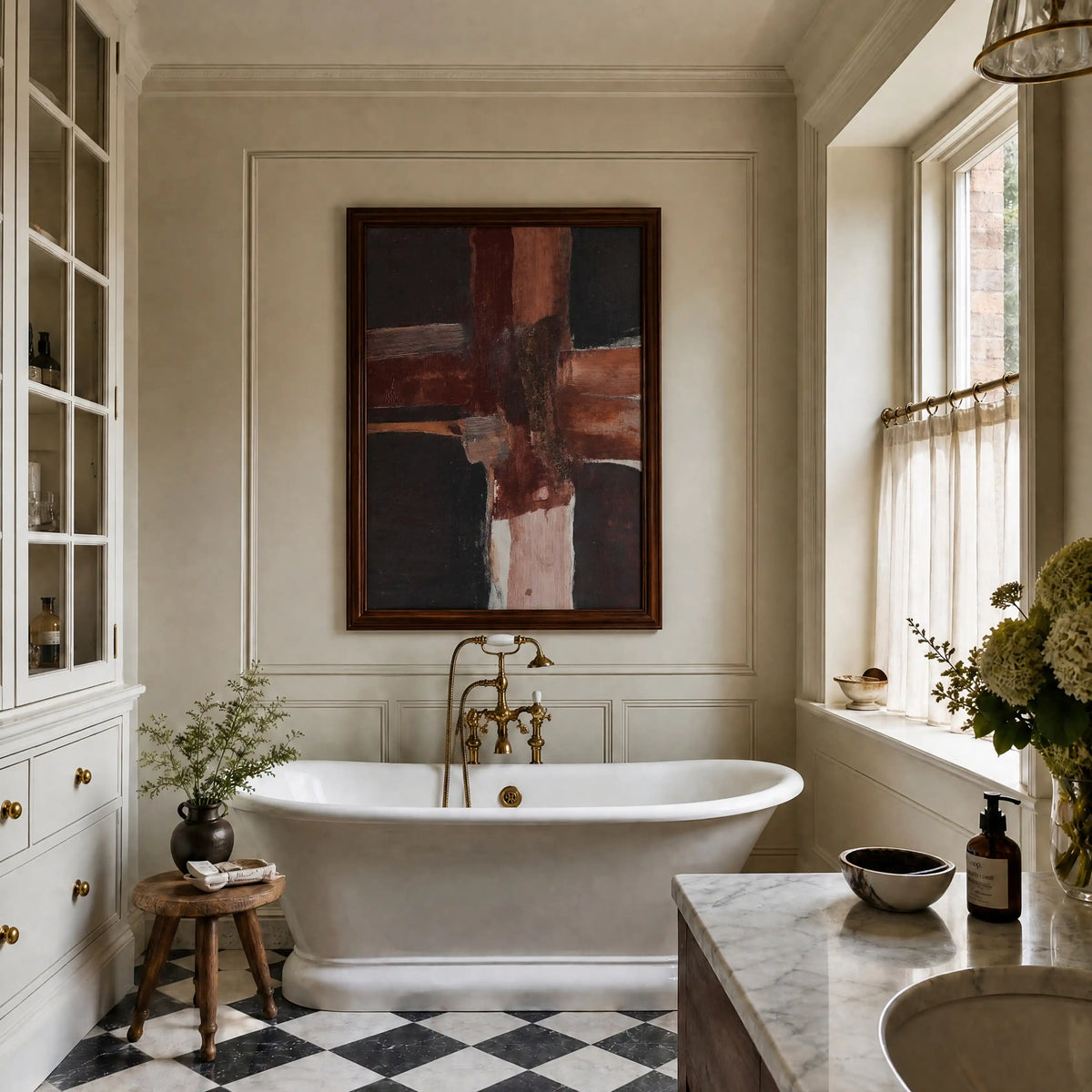 Composition: Umber, No. 1 – abstract art print in burgundy and dusty pink in bathroom