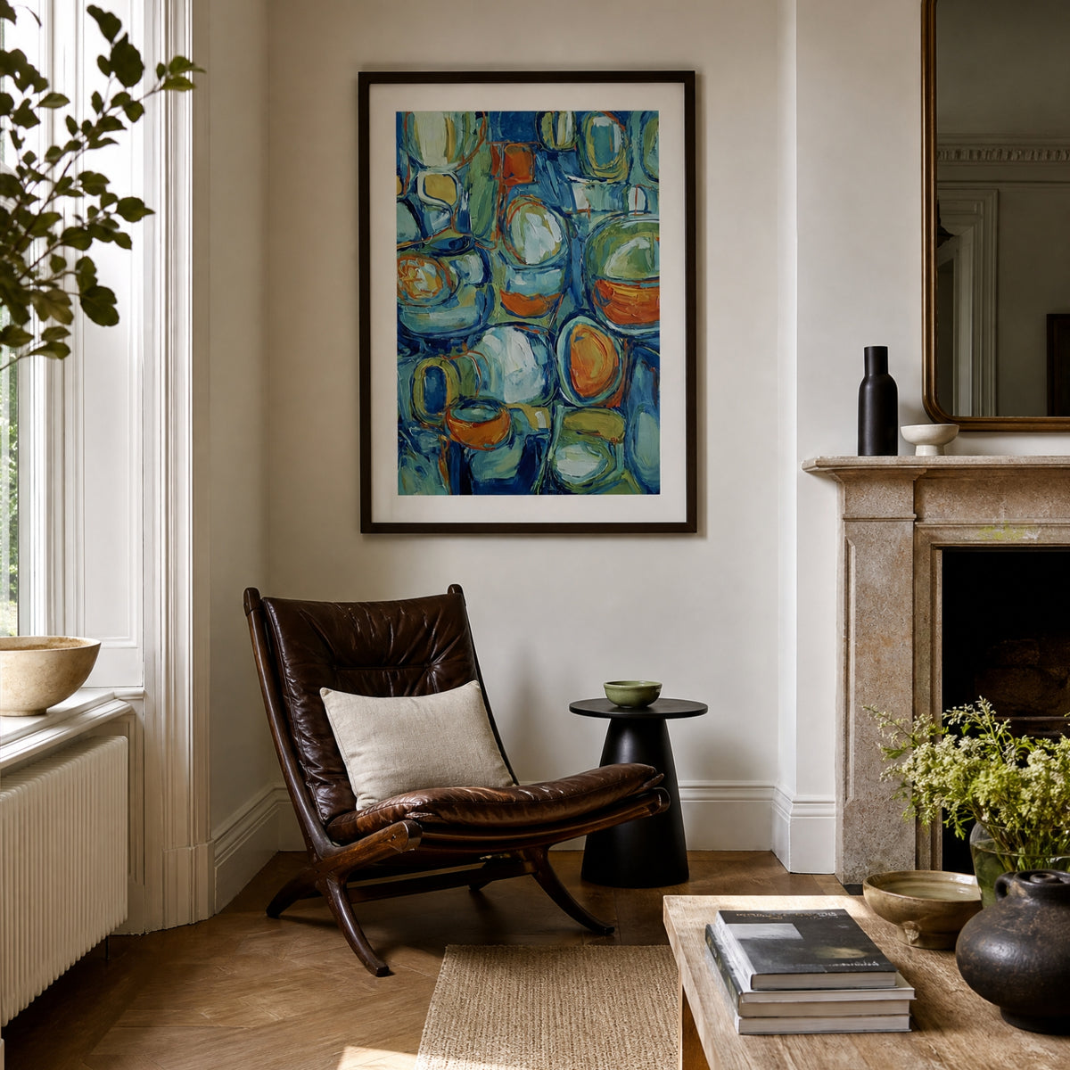 Composition: Verdigris, No. 1 – abstract art print in blue and ochre in living room