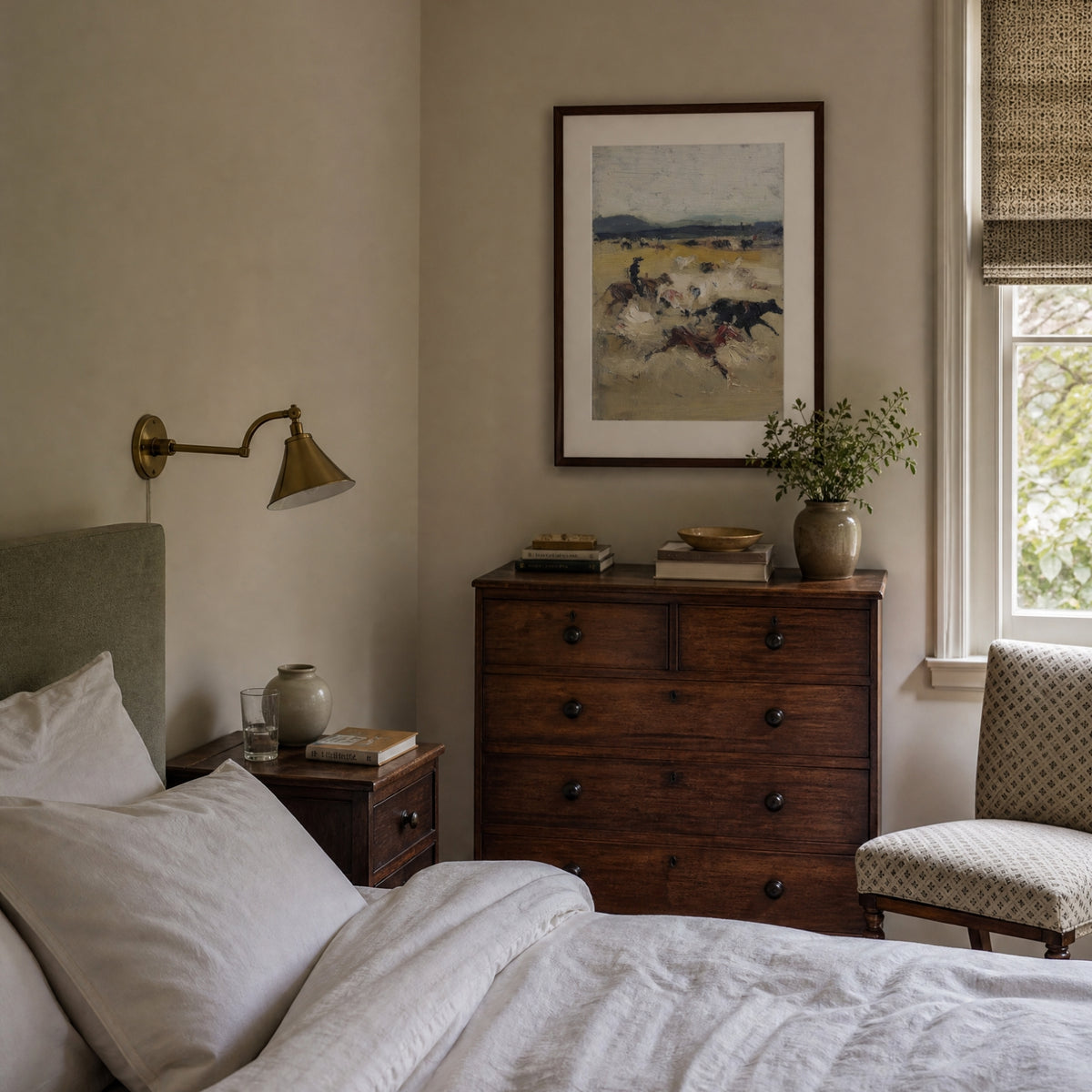 Drover, No. 1 – figurative art print in beige and brown in bedroom above antique chest of drawers