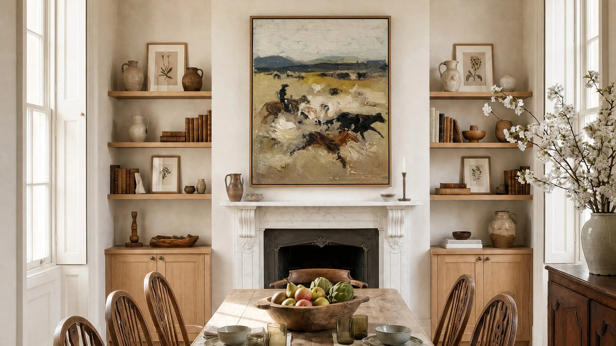 Drover, No. 1 – figurative art print in beige and brown in dining room