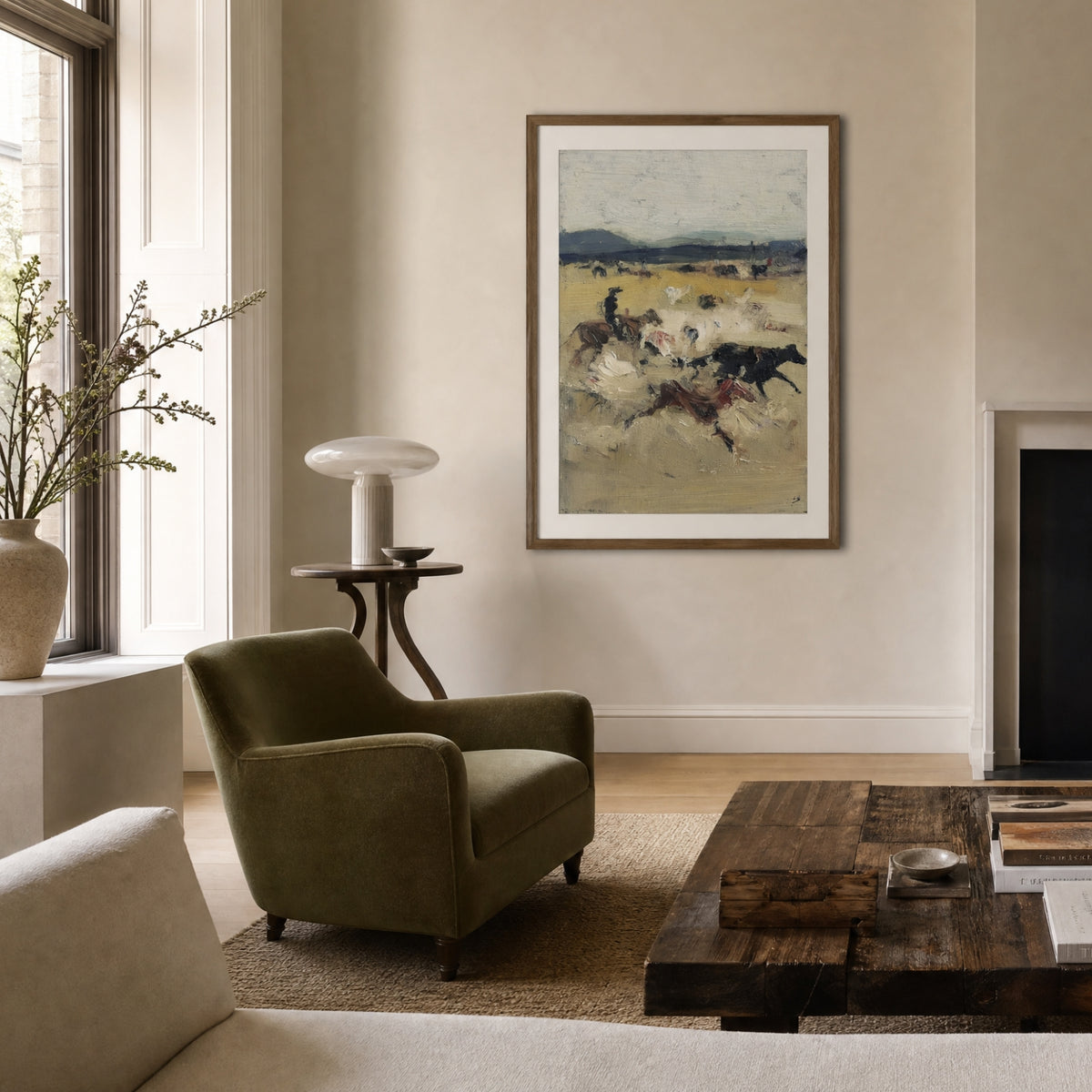 Drover, No. 1 – figurative art print in beige and brown in living room
