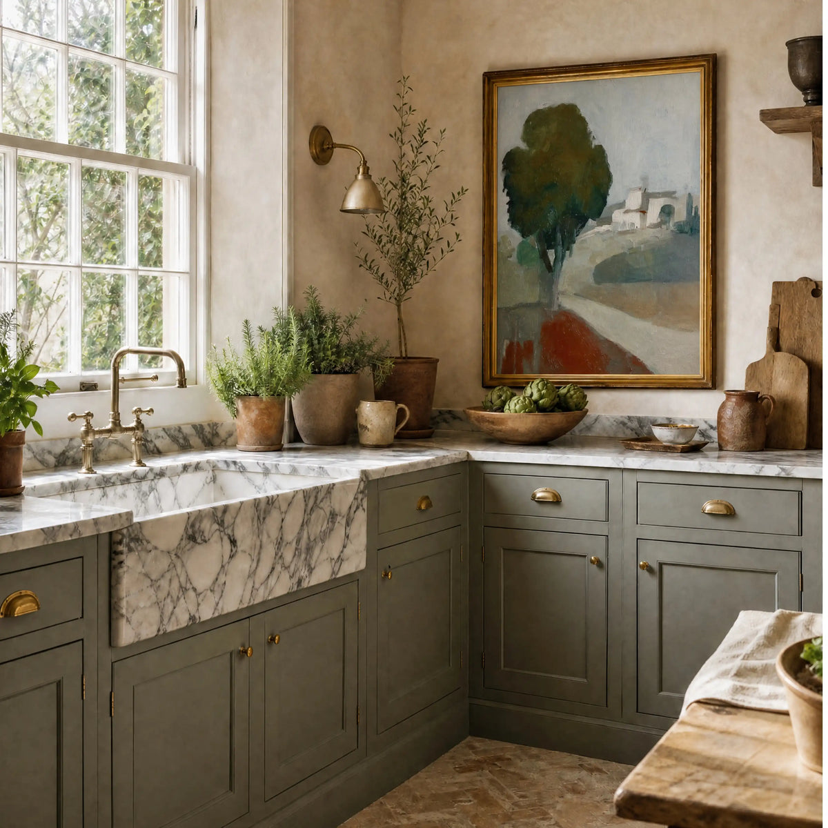 Dwelling, No. 1 – landscape art print in blue and green in kitchen