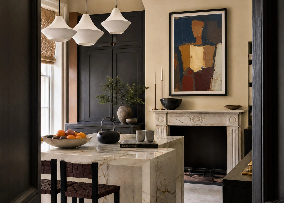 Figurative art print displayed in a warm, collected kitchen interior