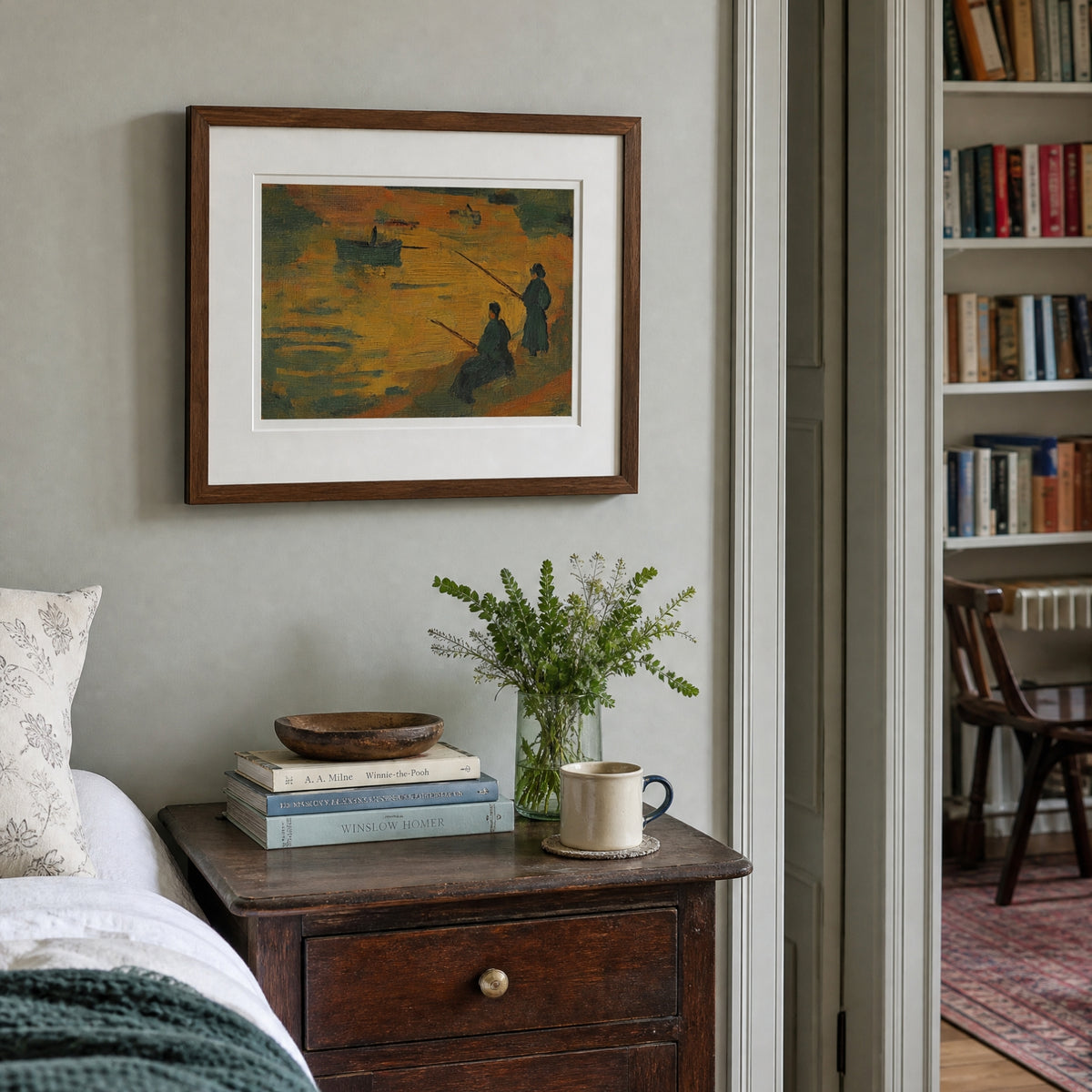 Fishermen, No. 1 – coastal art print in beige and olive green in bedroom above antique bedside table
