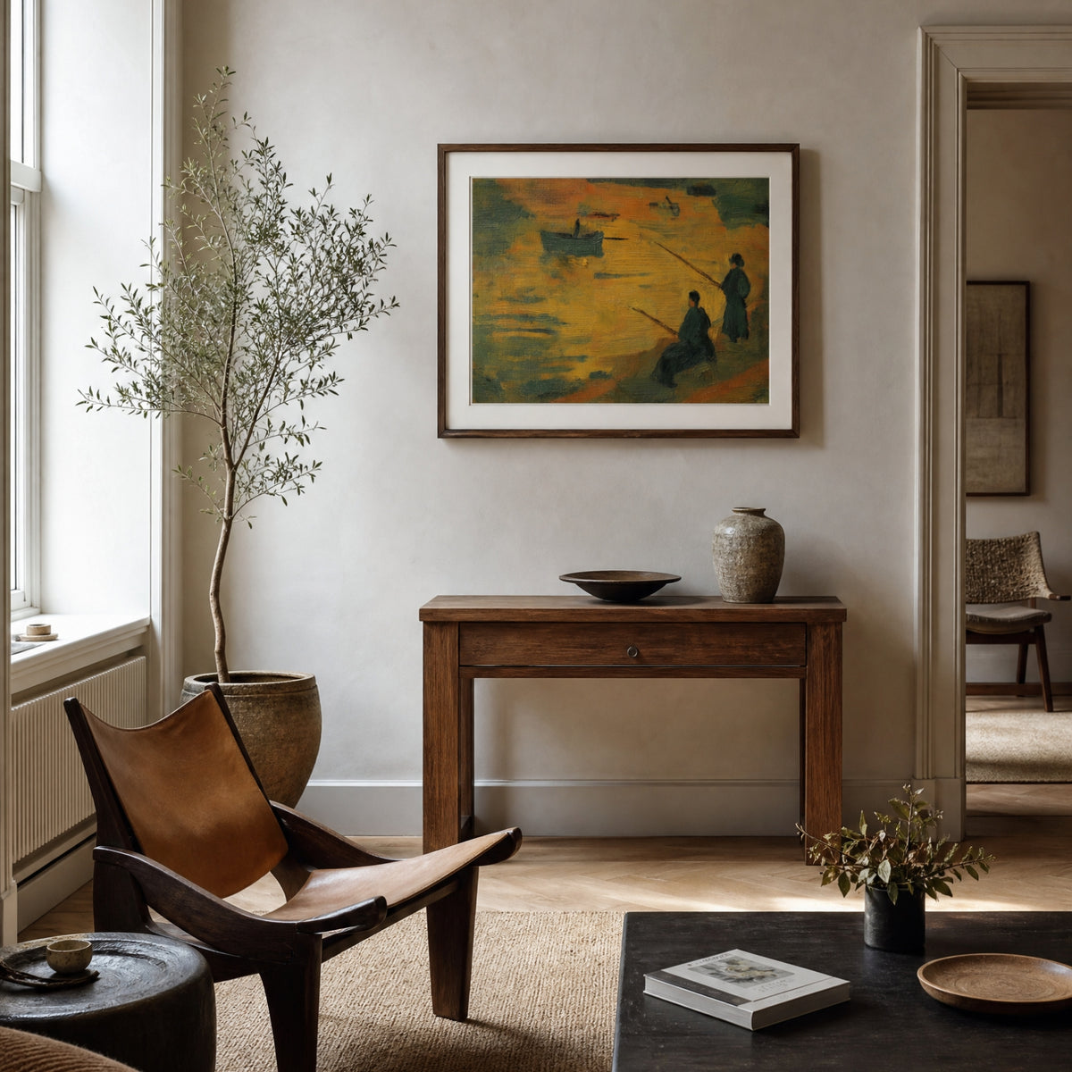 Fishermen, No. 1 – coastal art print in beige and olive green in contemporary living room