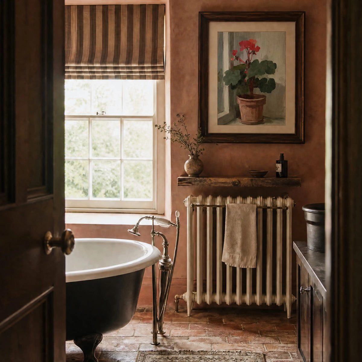 Geranium, No. 1 – floral art print in green and linen in bathroom