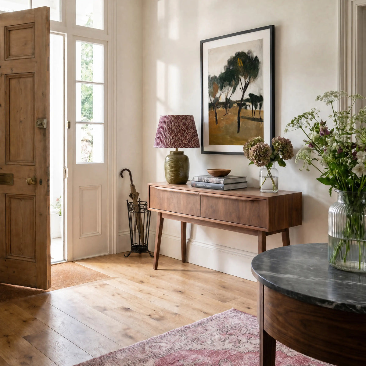 Grove, No. 1 – landscape art print in linen and soft gold in hallway