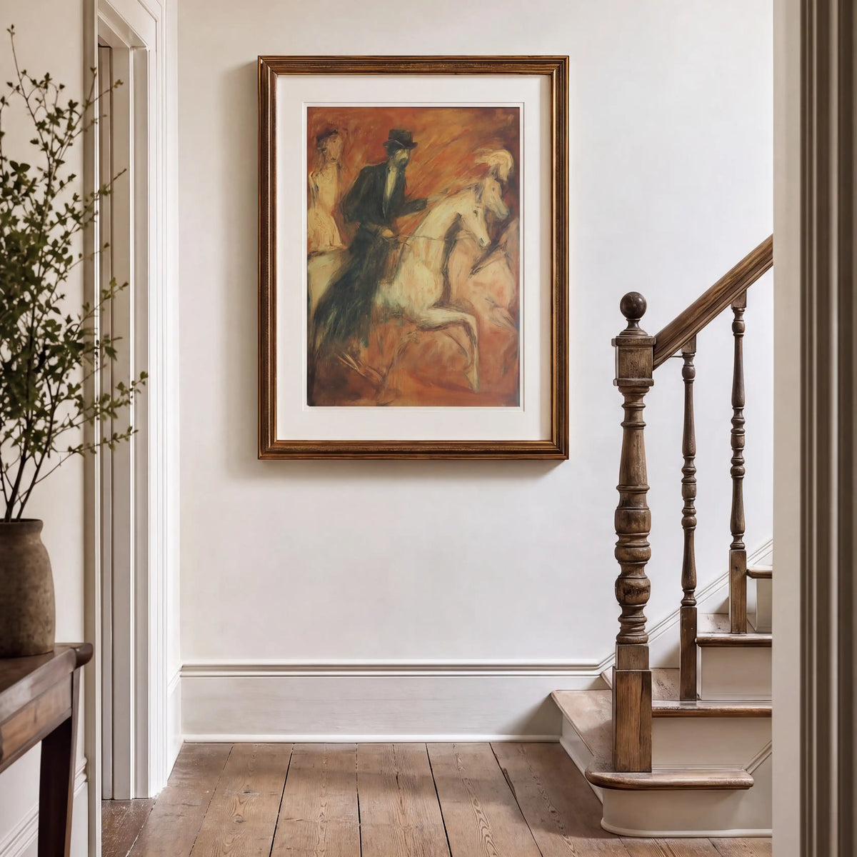 Horseman, No. 1 – figurative art print in orange and black in hallway