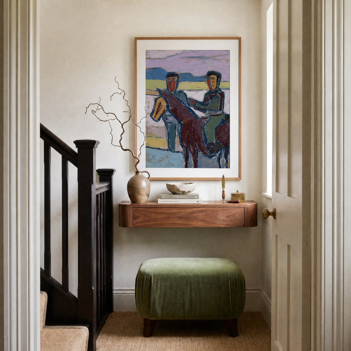 Horseman, No. 2 – figurative art print in purple and muted cyan in hallway