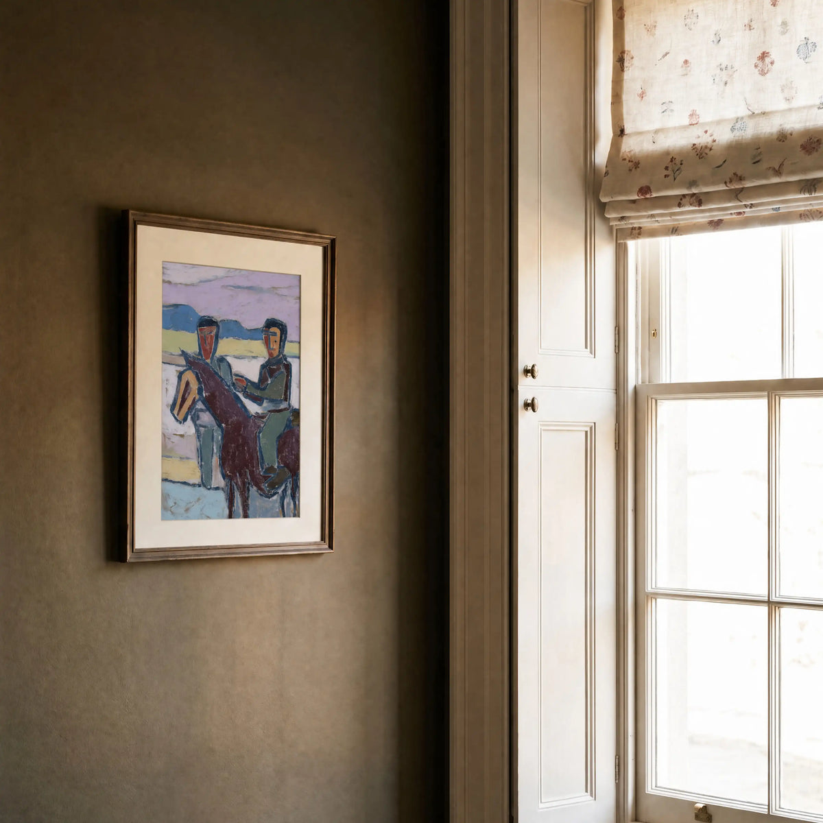 Horseman, No. 2 – figurative art print in purple and muted cyan beside window