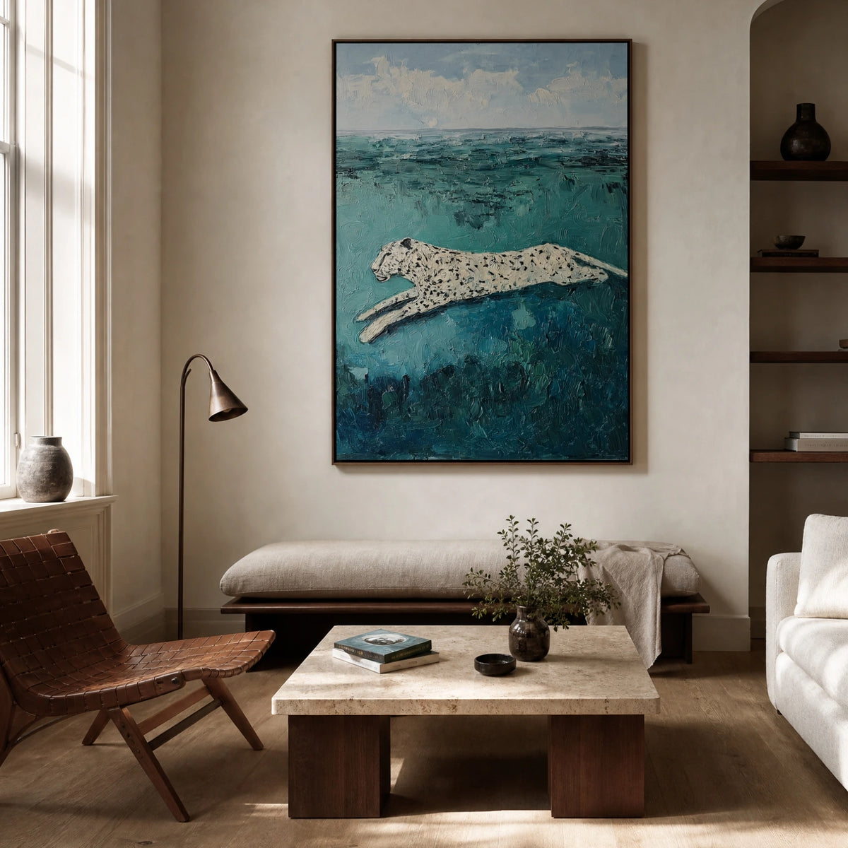 Leopard, No. 1 – animal art print in linen and blue in living room