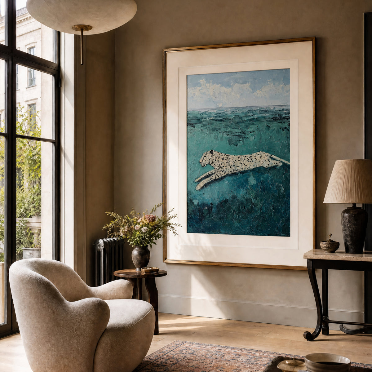 Leopard, No. 1 – animal art print in linen and blue in living room