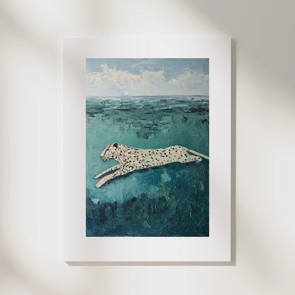 Leopard, No. 1 – animal art print in linen and blue