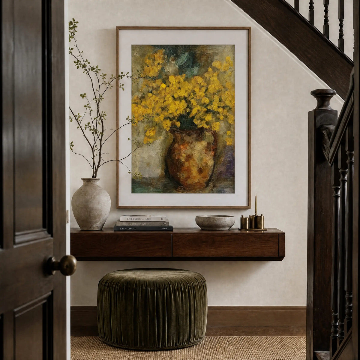 Mimosa, No. 1 – floral art print in green and yellow in hallway