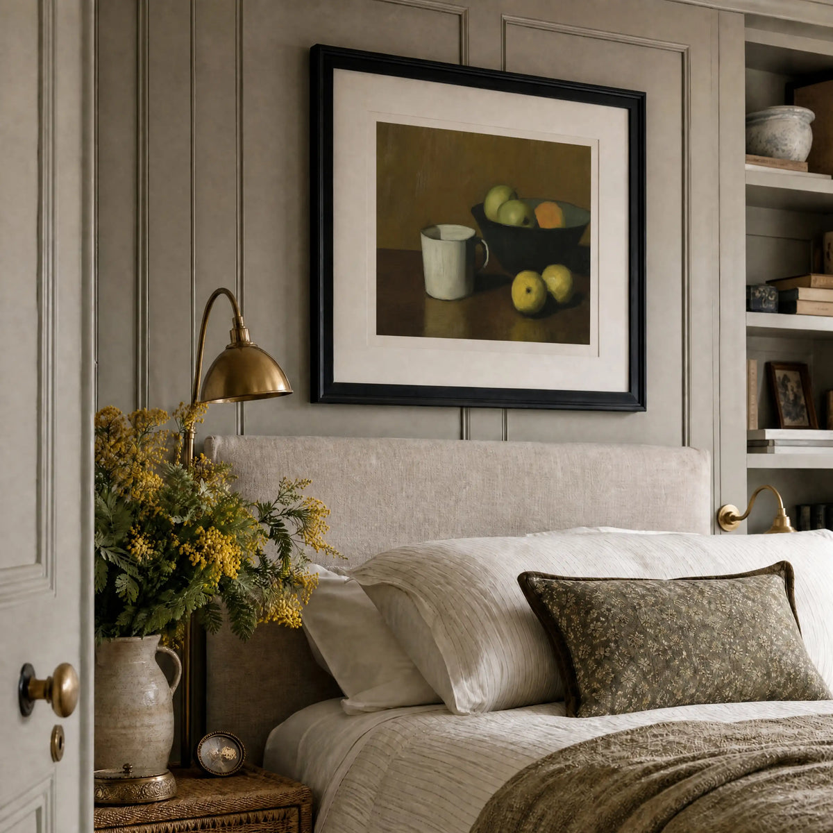 Mug, No. 1 – still life art print in beige and brown in bedroom