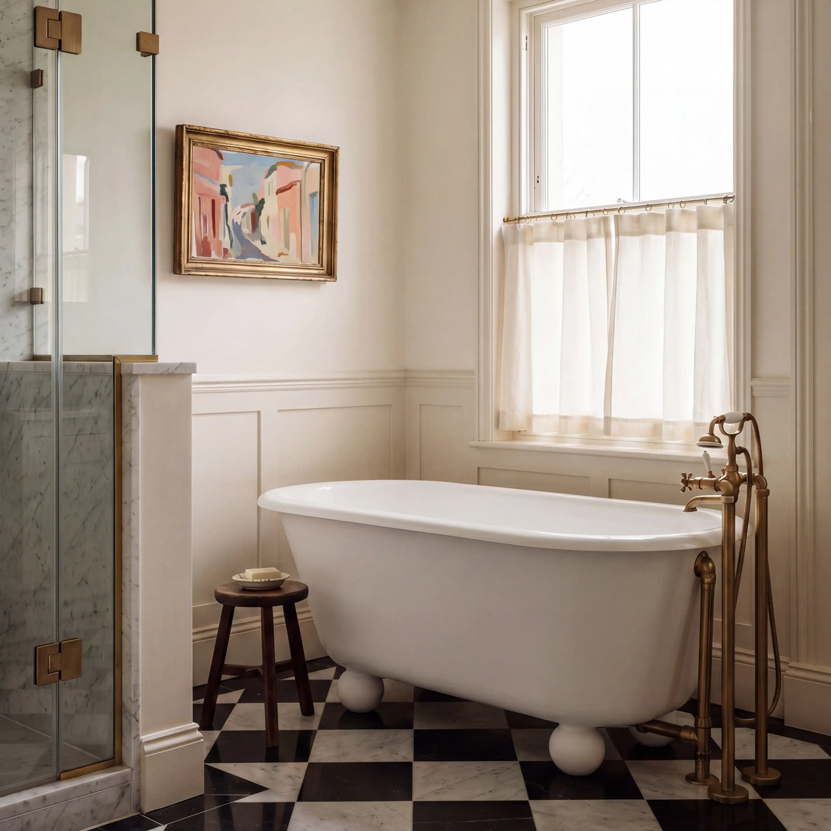 Passage, No. 1 – landscape art print in muted olive green and beige in bathroom