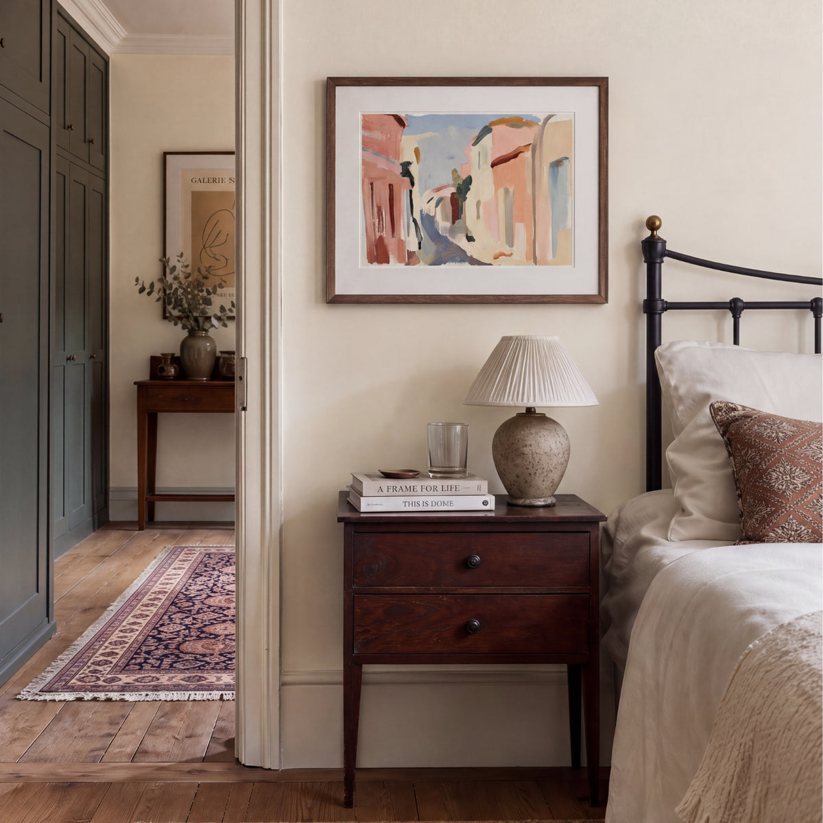 Passage, No. 1 – landscape art print in muted olive green and beige in bedroom