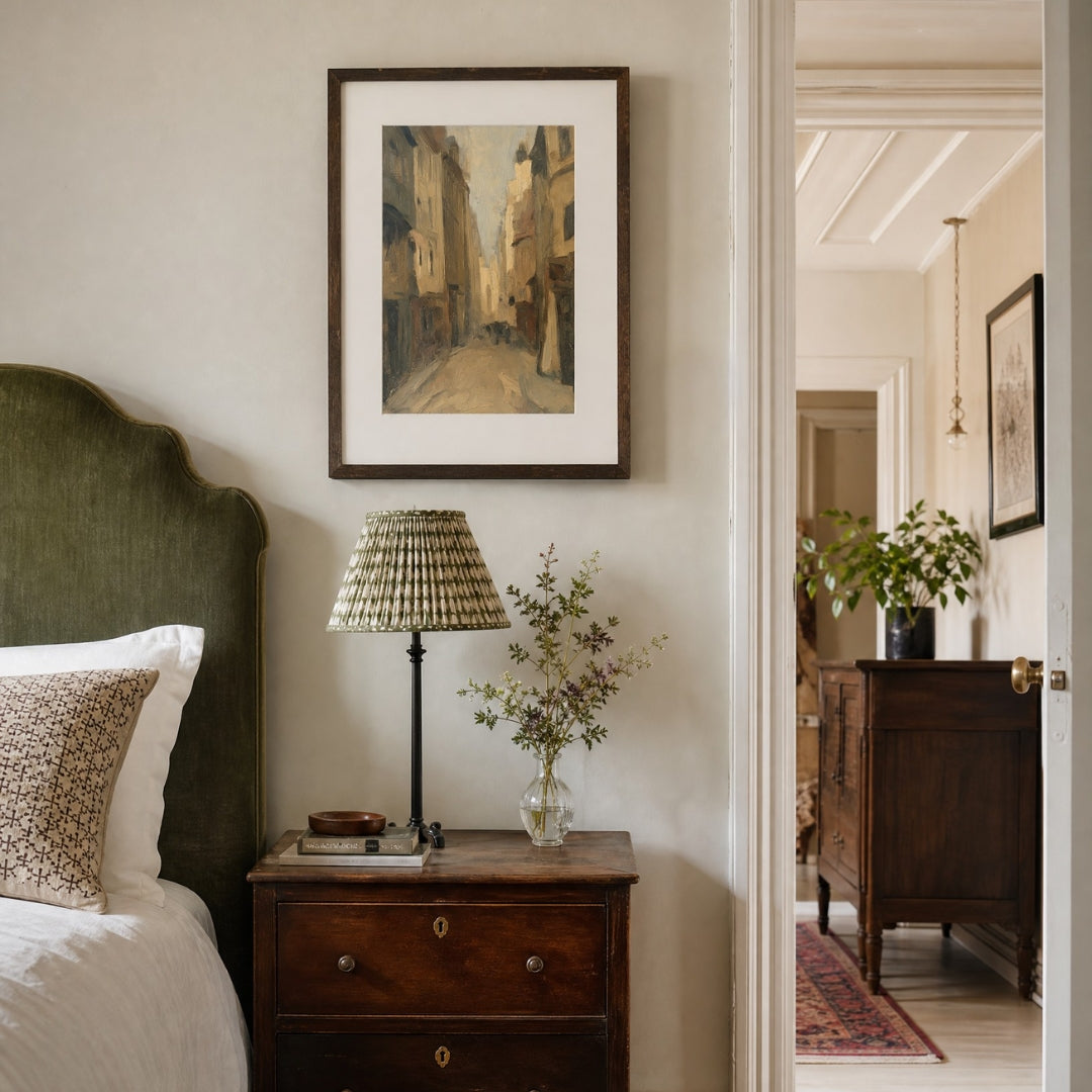 Passage, No. 2 – landscape art print in muted olive green and beige in bedroom