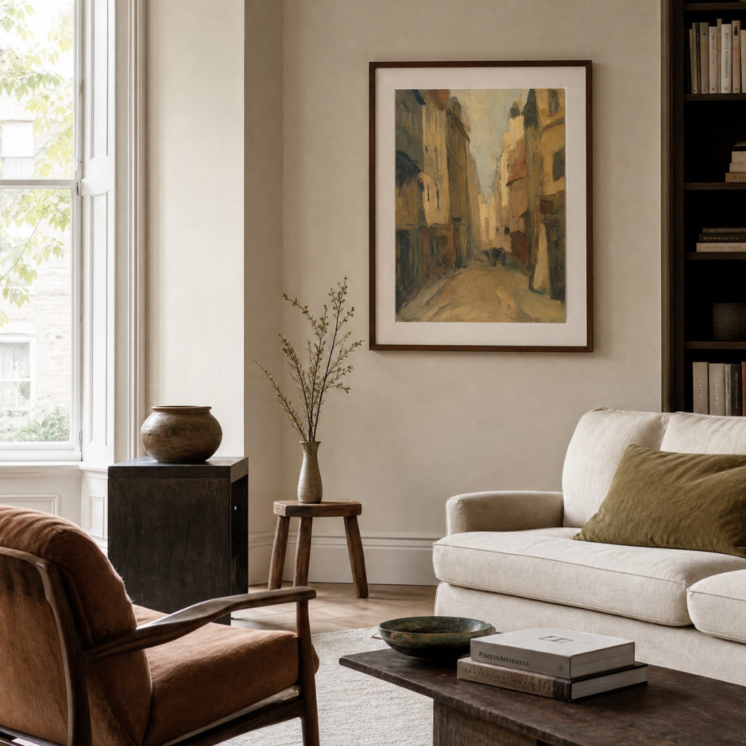 Passage, No. 2 – landscape art print in muted olive green and beige in living room