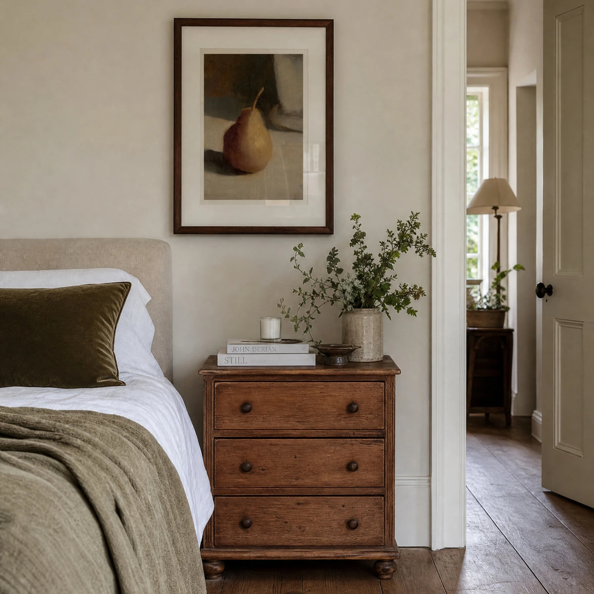 Pear, No. 1 – still life art print in mustard gold and beige in bedroom