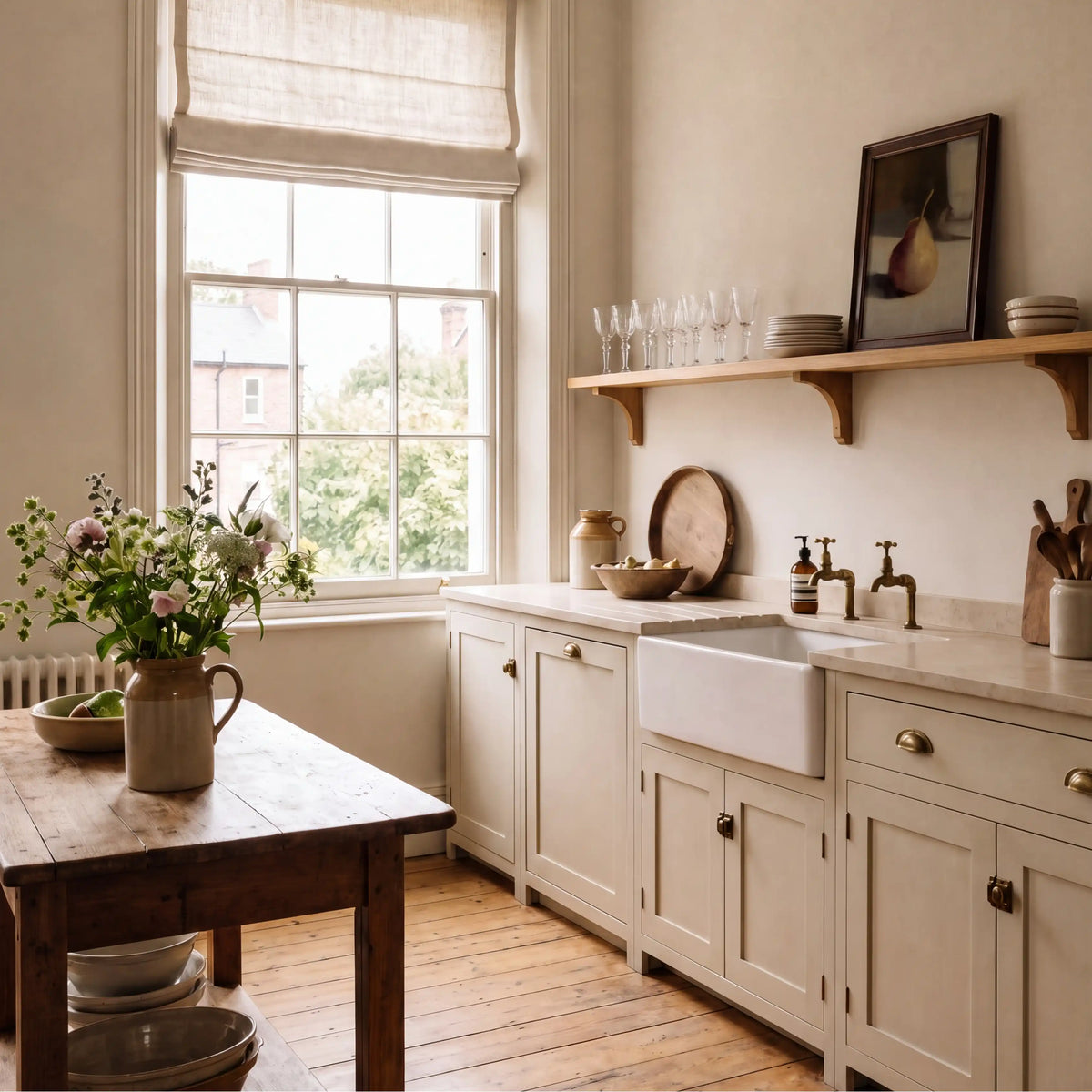 Pear, No. 1 – still life art print in mustard gold and beige in traditional kitchen